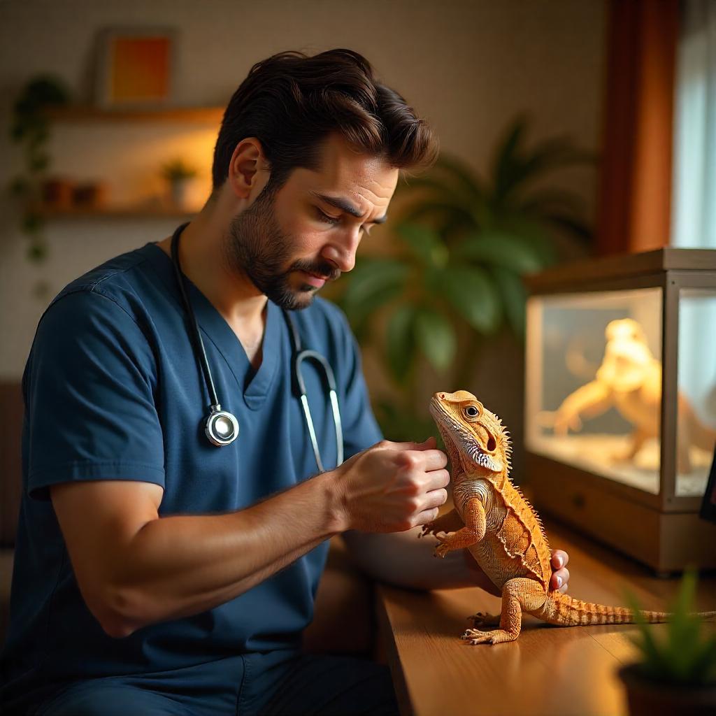 A veterinarian in scrubs gently interacts with a bearded dragon on a wooden table, with a terrarium holding another lizard in the background.