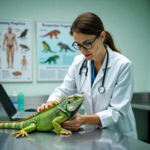 A veterinarian in a lab coat examines a green iguana on a stainless steel table, with educational posters in the background.