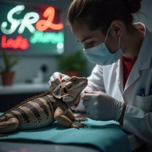 A veterinarian in a white coat examines a large, patterned lizard on a teal surface, with soft lighting and a neon sign in the background.