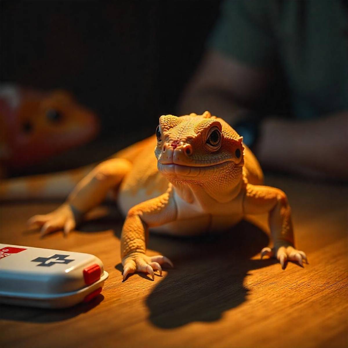 A close-up of an orange lizard on a wooden surface next to a small first aid kit, with soft lighting enhancing its features.