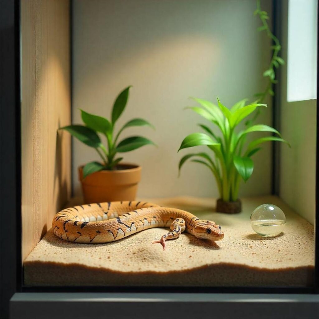 A vibrant snake rests on sand in a terrarium, surrounded by green plants and a small glass orb, creating a serene habitat.