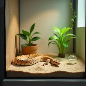 A vibrant snake rests on sand in a terrarium, surrounded by green plants and a small glass orb, creating a serene habitat.
