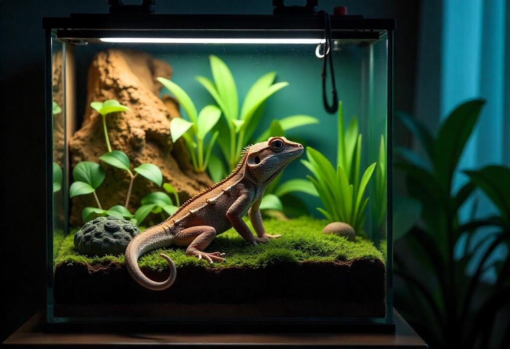 A bearded dragon resting on moss in a glass terrarium, surrounded by lush green plants and rocky decor under warm lighting.