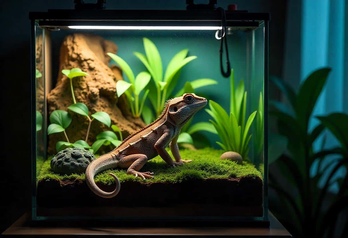 A bearded dragon resting on moss in a glass terrarium, surrounded by lush green plants and rocky decor under warm lighting.