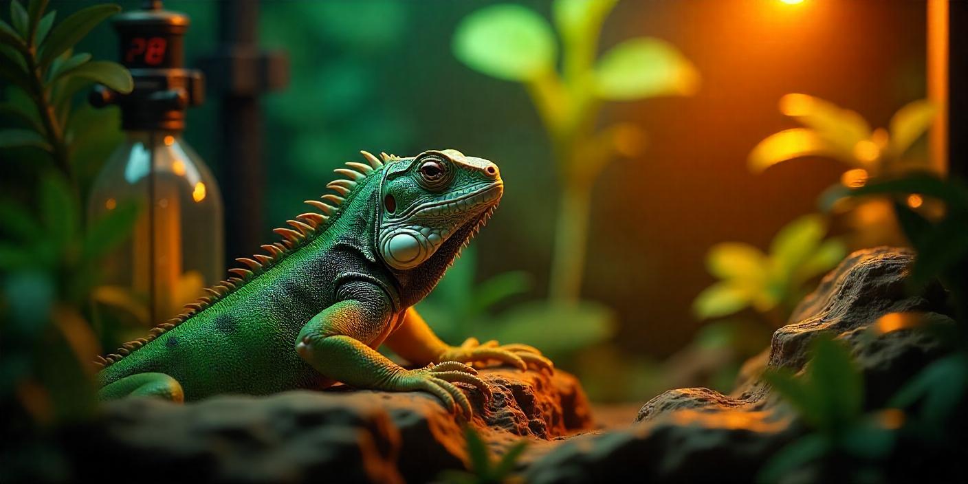 A vibrant green iguana perched on rocks surrounded by lush plants and warm lighting, exuding a serene atmosphere in its habitat.
