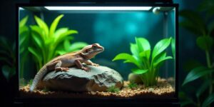 A vibrant leopard gecko perched on a rock in a brightly lit terrarium, surrounded by lush green plants and decorative pebbles.