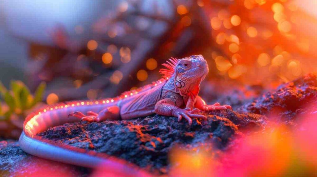 A colorful iguana perched on a rocky surface, surrounded by vibrant flowers and soft bokeh lighting in the background.