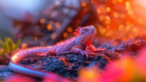 A colorful iguana perched on a rocky surface, surrounded by vibrant flowers and soft bokeh lighting in the background.