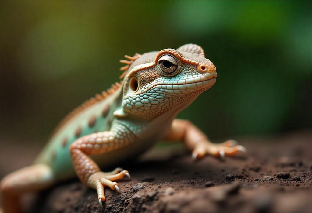 A vibrant, close-up of a lizard with textured skin, showcasing its striking colors and curious expression against a blurred green background.