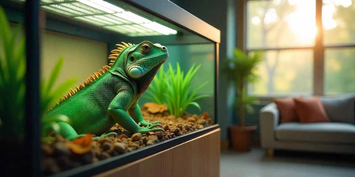 A vibrant green iguana rests in its terrarium, surrounded by plants and pebbles, with soft sunlight streaming in from the window.