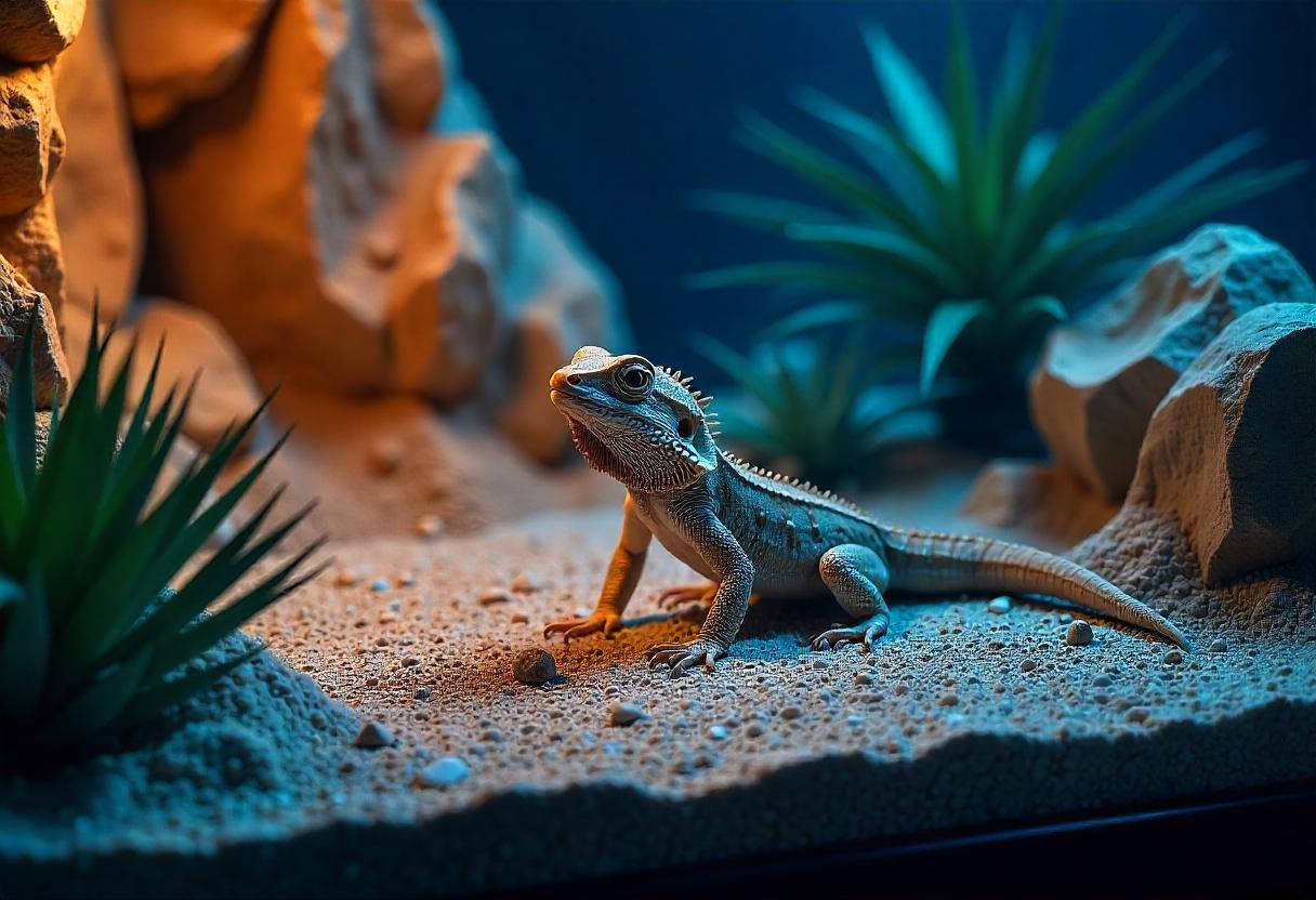 A bearded dragon sits on sandy terrain, surrounded by rocks and green plants, in a warm and vibrant habitat.