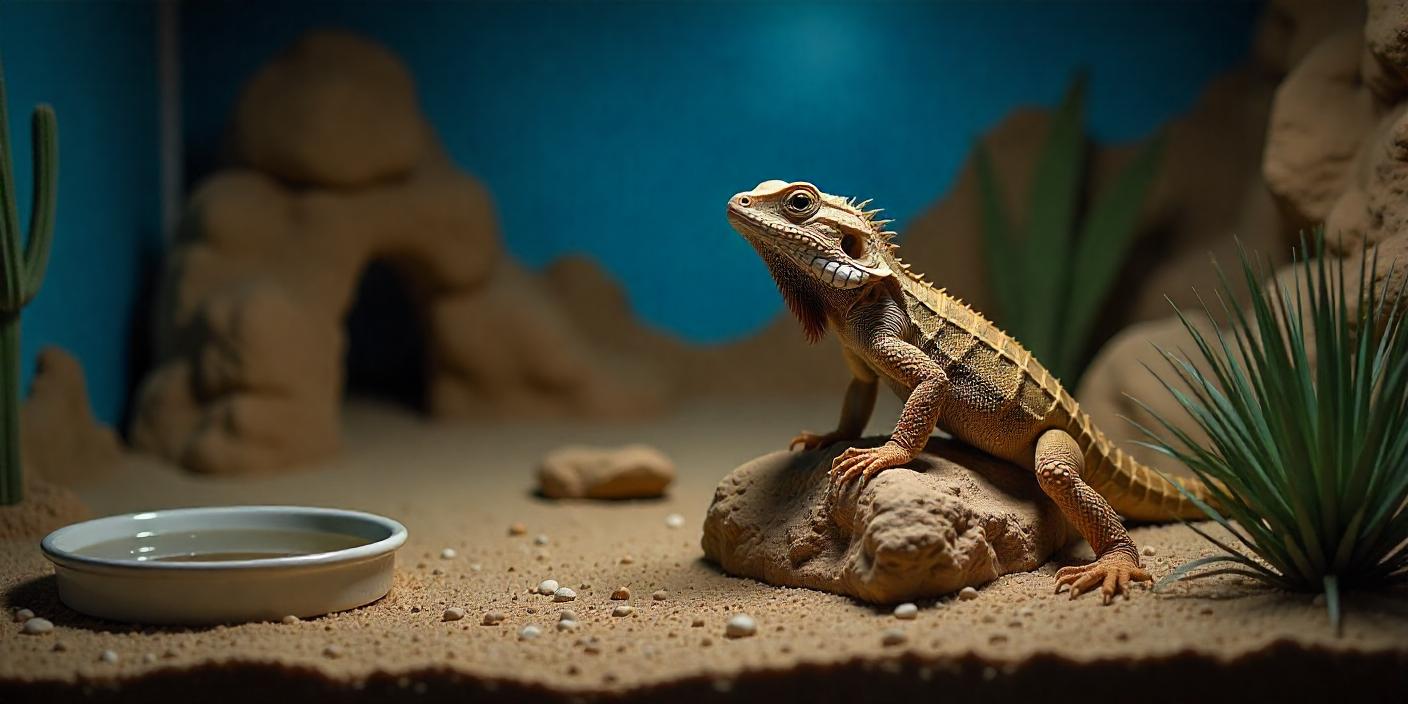 A bearded dragon rests on a rock in a sandy habitat, with a small water dish and desert plants in the background.