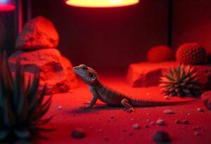 A bearded dragon in a red-lit terrarium, surrounded by rocks and plants, creating a vibrant desert habitat.