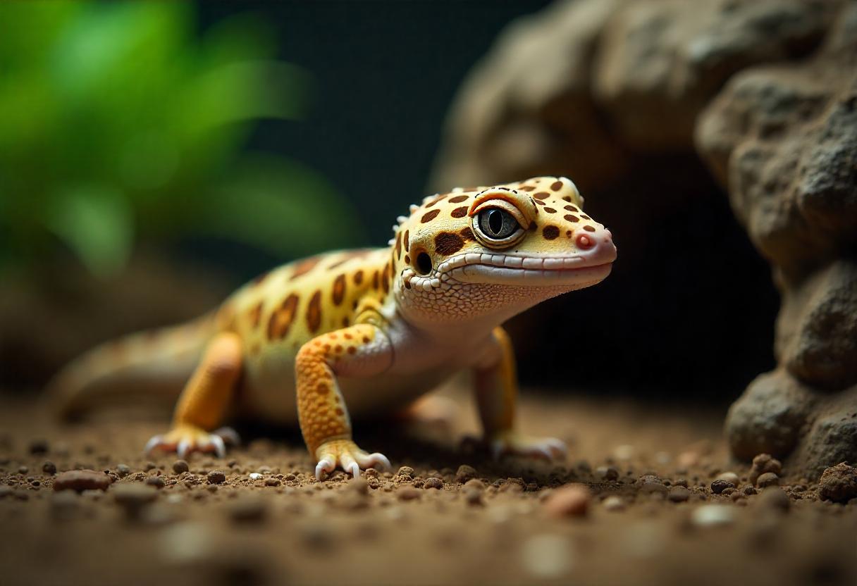A close-up of a leopard gecko with vibrant orange and black spots, standing on a sandy surface near rocks, with lush green foliage in the background.