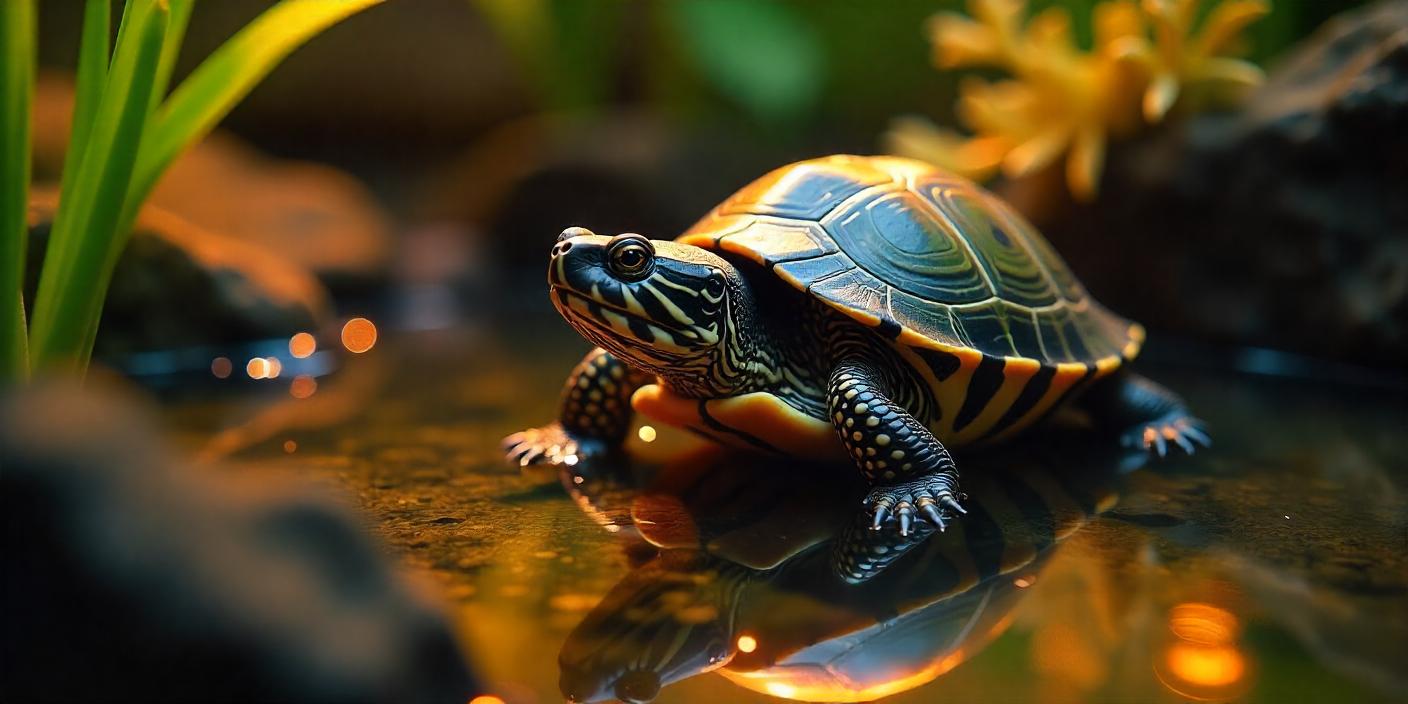 A brightly colored turtle sits gracefully in clear water, surrounded by green plants and glowing reflections, creating a serene atmosphere.