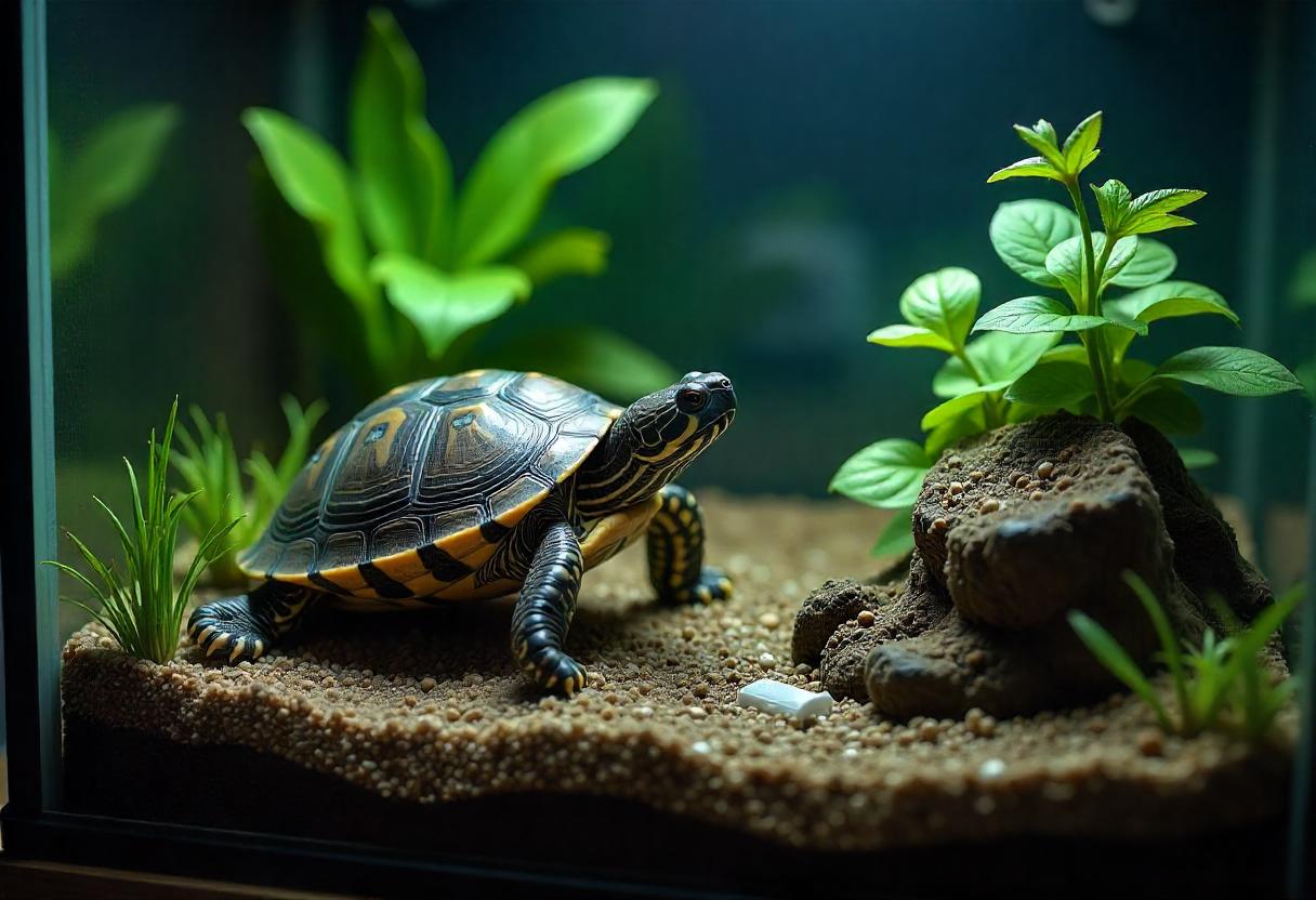 A turtle walks on sandy substrate surrounded by vibrant green plants and a rock in a well-lit aquarium environment.