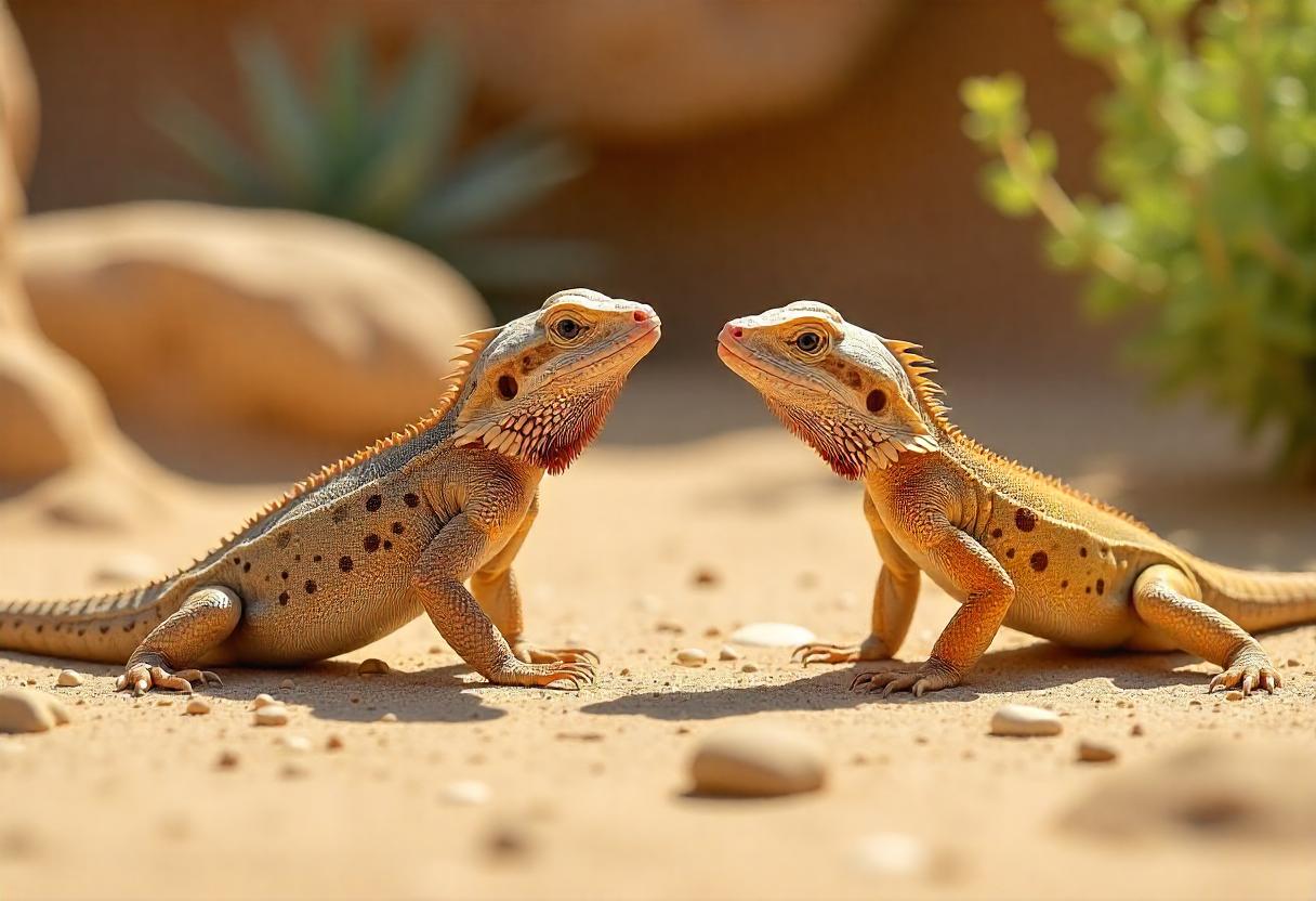 Two colorful lizards face each other on sandy terrain, surrounded by rocks and sparse greenery, showcasing their distinctive features.