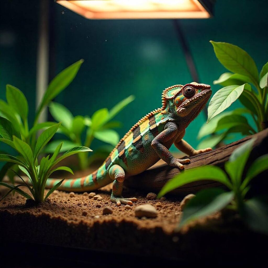 A vibrant chameleon perches on a log among green plants in its terrarium, basking under warm light.