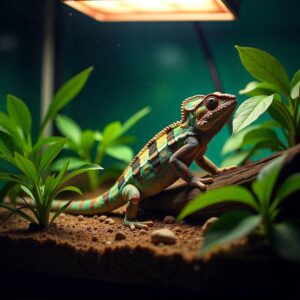 A vibrant chameleon perches on a log among green plants in its terrarium, basking under warm light.