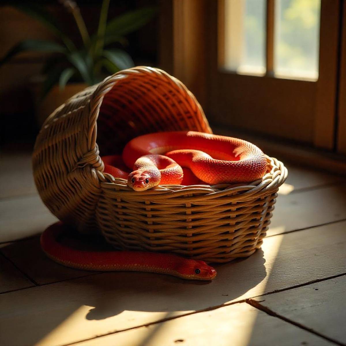 A vibrant red snake curled inside a wicker basket, with another snake extending out, illuminated by warm sunlight in a cozy room.