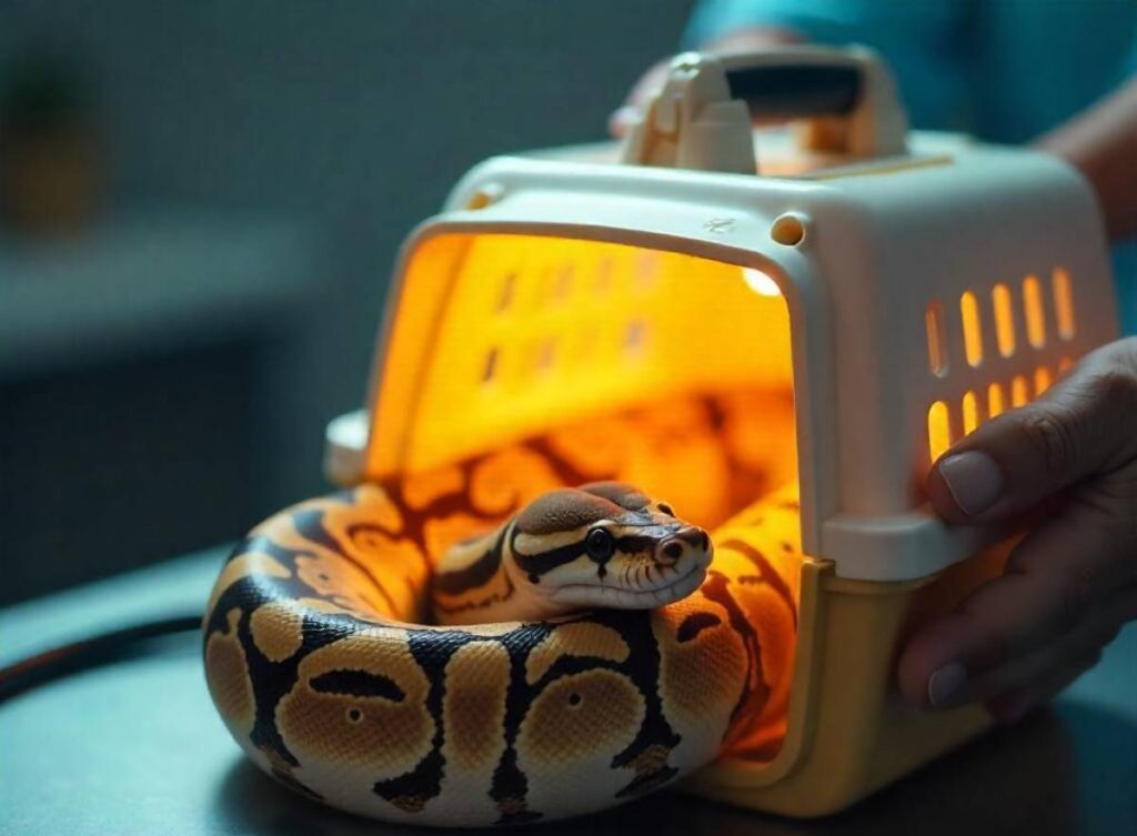 A ball python coiled inside a plastic carrier with warm lighting, as a hand reaches to handle it gently.