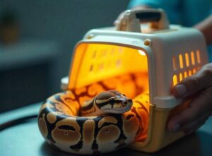 A ball python coiled inside a plastic carrier with warm lighting, as a hand reaches to handle it gently.