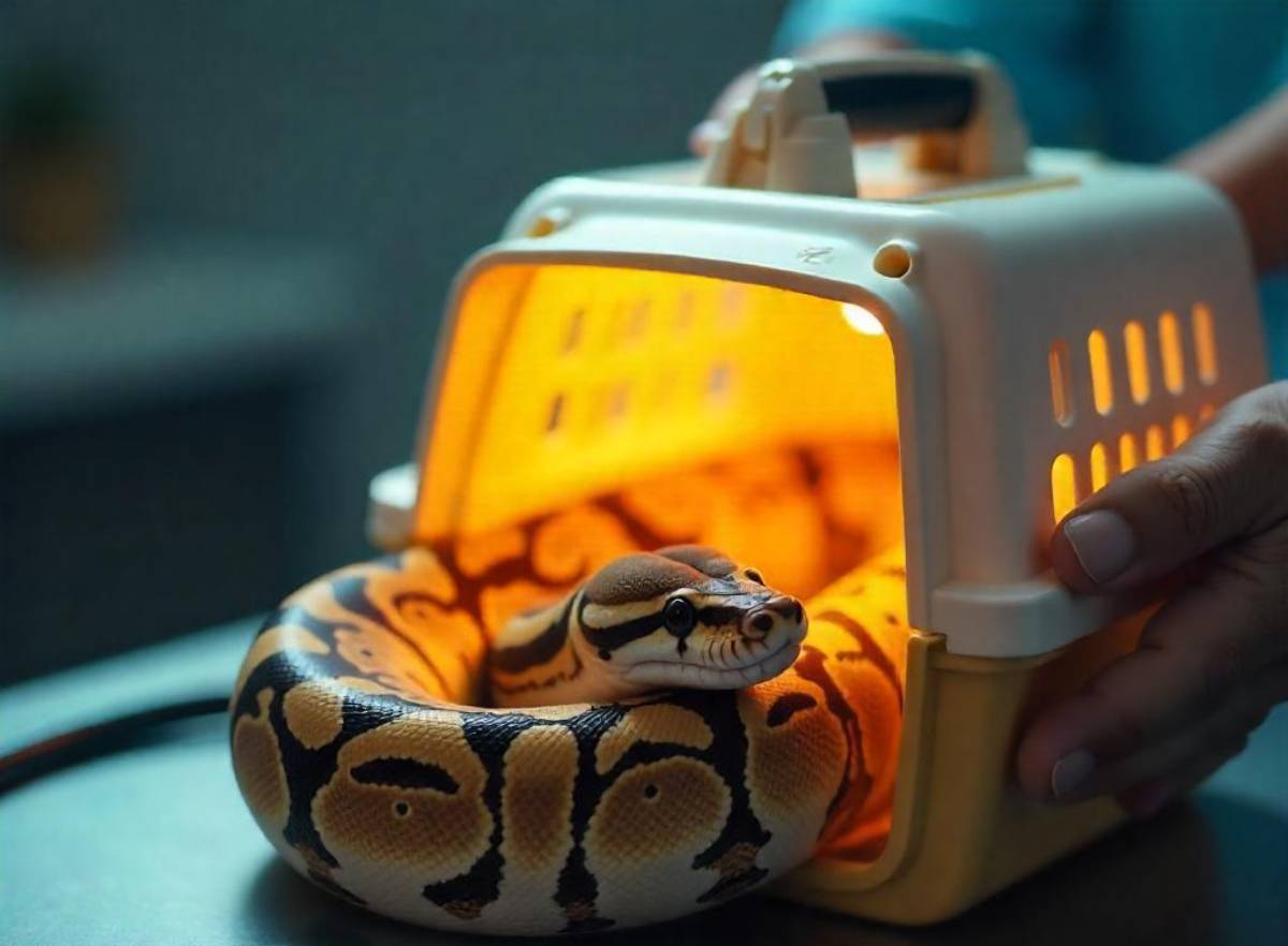 A ball python coiled inside a plastic carrier with warm lighting, as a hand reaches to handle it gently.