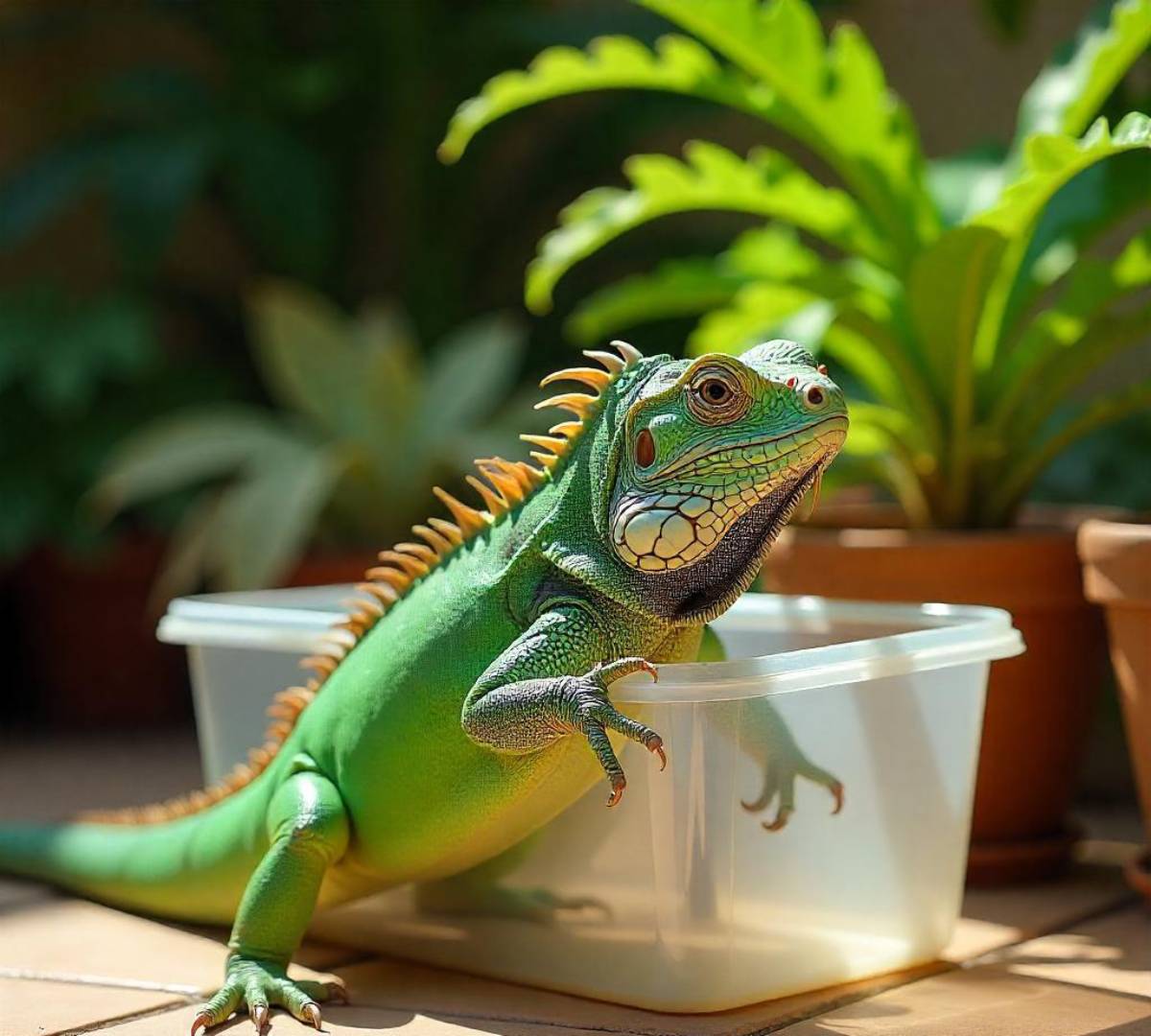 A vibrant green iguana perched in a clear container, surrounded by lush green plants in a sunlit setting.